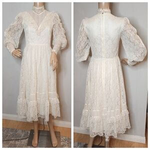 Gunne Sax Vintage Ivory Lace Midi Dress Victorian Edwardian 70s 80s XS